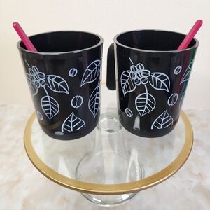 2 New Tupperware Black Floral Mug Set with Spoons